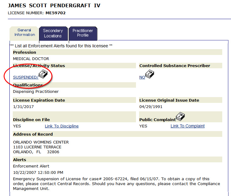 Pendergraft medical license Suspended